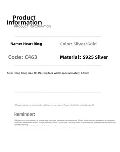 Detailed size specification chart for S925 sterling silver adjustable heart ring band