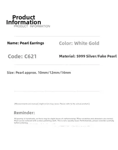 Spécifications de taille pour boucles d'oreilles en argent S999 et perles de 10mm à 14mm