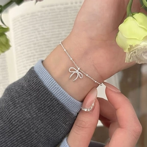 Elegante Bracciale in Argento Sterling 925 Stile Coreano Semplice Ciondolo a Fiocco Catena a Sfere Gioielli Donna Regolabili