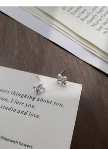 Detailed close-up of S925 sterling silver iris stud earrings with brushed matte finish