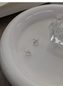 Macro shot of brushed S925 sterling silver fleur-de-lis earrings with centered zircon