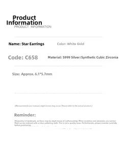 Détails des clous d'oreilles étoile en argent S999 et zircone, taille 6,1x5,7 mm