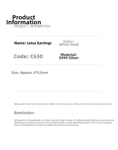 Detailed size specifications for S999 silver lotus stud earrings in white gold finish