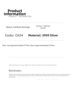 Specifications for S999 sterling silver cat and bone stud earrings in platinum color finish