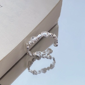S925 sterling silver heart-shaped beaded open ring with adjustable minimalist design