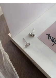 Detailed view of elegant silver lotus stud earrings on a minimalist zen backdrop