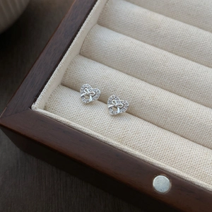Exquisite S999 sterling silver bow heart stud earrings with sparkling cubic zirconia stones