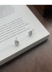 Detail shot of silver dolphin-shaped stud earrings with zircons on an open book