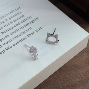 Asymmetric S999 sterling silver cat and fish bone stud earrings with zircon stones