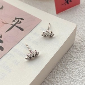 S999 Pure Silver Lotus Flower Stud Earrings Minimalist Artistic Small Design Fine Silver Earrings For Women Everyday Jewelry