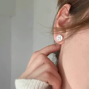 Minimalist S999 sterling silver button stud earrings with micro-set zircon cross pattern