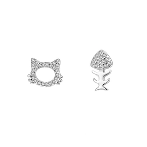 Asymmetric S999 sterling silver cat and fishbone stud earrings with sparkling white zircons