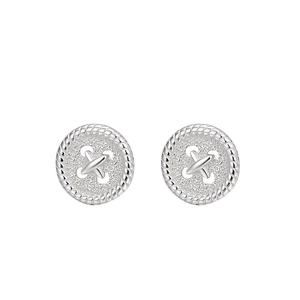 Minimalist S999 silver button stud earrings with four-hole design and twisted rope edges