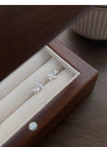 Close-up of S999 sterling silver osmanthus flower earrings with zircon in a jewelry box