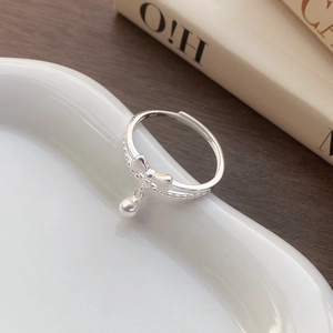 S925 sterling silver double-layer ring featuring a sweet bow and pearl bead drop