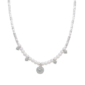 Collier élégant en argent S925 avec chaîne en argent concassé, perles et pierres zircon