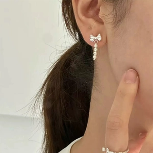 Elegant 925 Sterling Silver Bow Stud Earrings With Faux Artificial Pearl Tassel Drop Sweet Style Women Daily Jewelry Earring Post