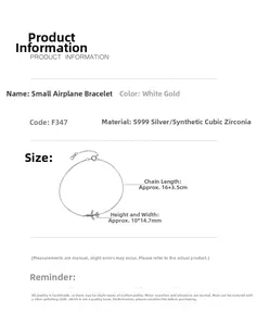 Detailed size specifications for S999 sterling silver airplane charm bracelet with measurements