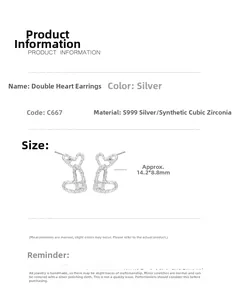 Detailed view of S999 sterling silver double heart earrings with cubic zirconia stones