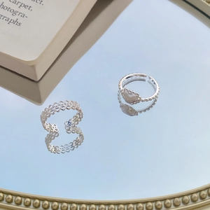 Set de bagues ouvertes en argent S925 avec dentelle, cœur brossé et perles fines