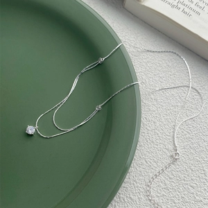 Minimalist S925 sterling silver single diamond pendant necklace with double layer chain detail
