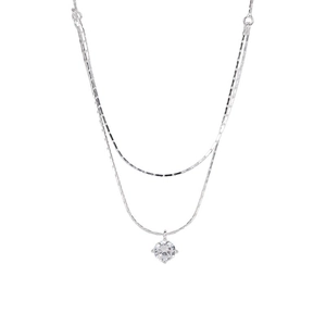 Elegant S925 sterling silver double layered necklace featuring a sparkling round solitaire pendant