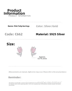 Detailansicht der rosa Tulpen-Ohrstecker in Silber und Gold mit Maßen von 8,5x4,5 mm