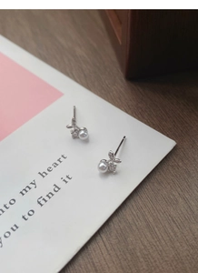 Detail shot of S999 silver cherry pearl earrings with sparkling zircon on a card