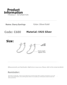 Detailed specs for S925 silver star drop earrings with 4mm beads and 6cm length