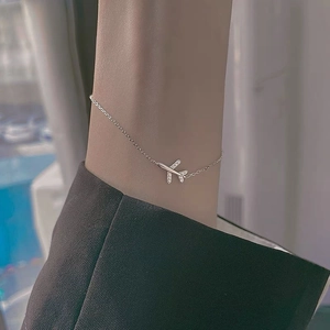 Minimalist S999 sterling silver airplane charm bracelet with sparkling zircon stones