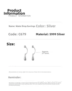 Detailed specs of S999 sterling silver water drop earrings measuring 21 by 3 millimeters