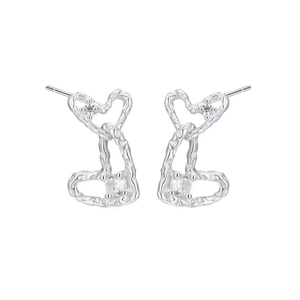 S999 Sterling silver double heart earrings with irregular texture and round zircons