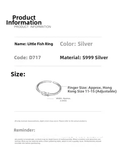 Detailed view of S999 sterling silver fish ring with 2.3mm width and adjustable band