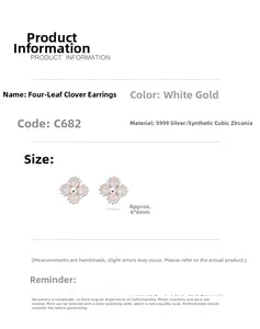Detailed spec card for S999 sterling silver four-leaf clover earrings in white gold finish