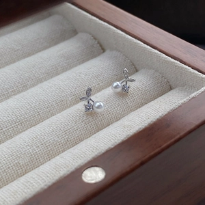 Elegant S999 sterling silver cherry pearl stud earrings with sparkling cubic zirconia