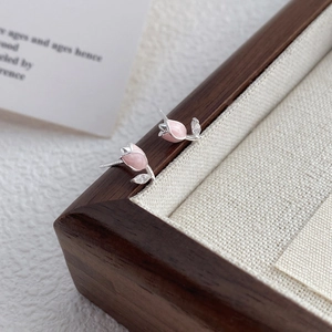 S999 Sterlingsilber Tulpe Ohrstecker Rosa Emaille Blume Strass Eingelegt Süße Florale Ohrringe Damen Schmuck Geschenk