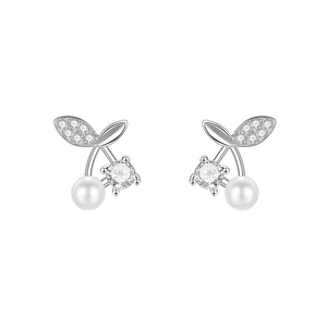 Elegant S999 silver cherry stud earrings featuring white pearls and sparkling zircons