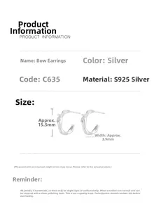 Detailed size specifications of silver bow earrings showing 15.5mm height and 3.9mm width
