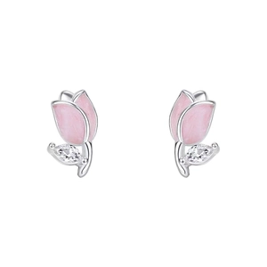 Exquisite S999 Sterling Silber Tulpen Ohrstecker mit rosa Emaille und Marquise Zirkonia