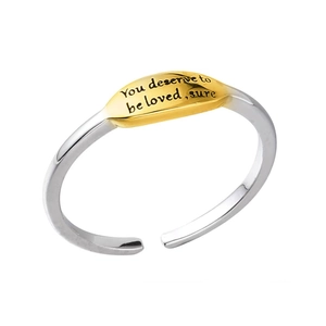 Adjustable S925 silver ring with two-tone oval gold plate and engraved inspirational quote