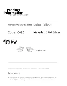 Macro view of S999 silver swallow stud earrings with product size specs 5.7x10.2mm
