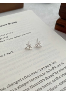 Detail of S999 sterling silver dragonfly stud earrings placed on a vintage book page