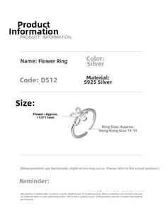 Detail showing S925 sterling silver flower ring dimensions and open band structure