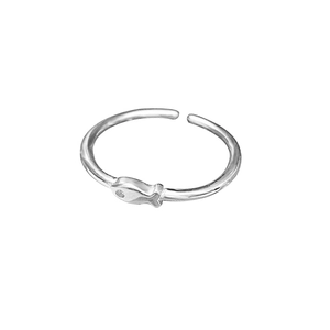 Minimalist S999 sterling silver fish open ring with adjustable band for women