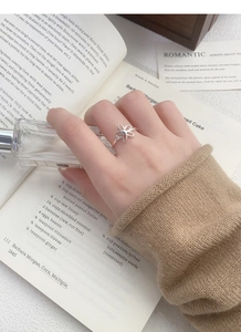 Detail of S925 sterling silver hollow flower ring worn on hand with vintage background