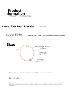 Macro detail of S925 silver pink pearl bracelet showing adjustable chain and jewelry specs