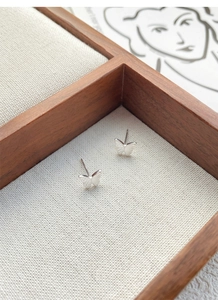 Vue macro des boucles d'oreilles papillon en argent avec gravures sur une boîte à bijoux
