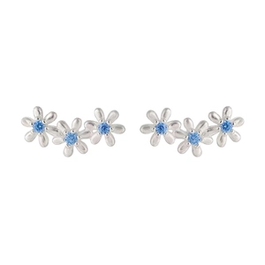 Boucles d'oreilles élégantes en argent S999 avec trois fleurs et zircons bleus éclatants