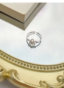 Detail of S925 sterling silver adjustable open ring with hollow five-petal flower design