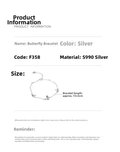 Détail du bracelet papillon en argent S990 avec mesures de chaîne réglable 15+3cm